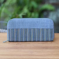 Cotton wallet, 'Humble Lurik Grey' - Hand Woven Grey Striped Cotton Wallet with Zipper Closure