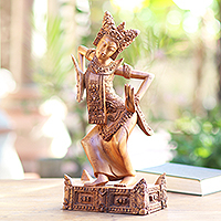 Wood statuette, 'Dancing the Legong Kraton' - Legong Kraton Hand Carved Suar Wood Statuette