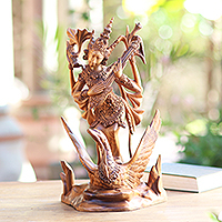 Wood sculpture, 'Sarasvati Goddess' - Sarasvati Hindu Goddess Hand Carved Suar Wood Sculpture