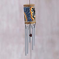 Bamboo wind chimes, 'Papua Gecko' - Hand-Painted Gecko-Themed Bamboo Wind Chimes from Bali