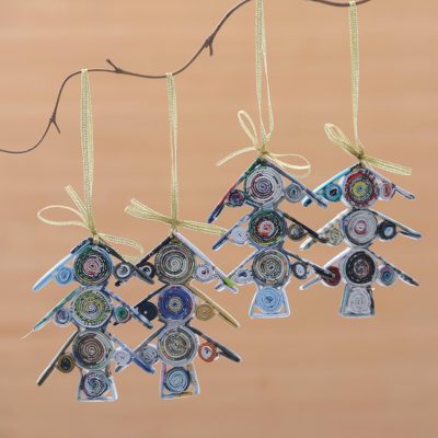 Recycled paper ornaments, Dangle Trees (set of 4)