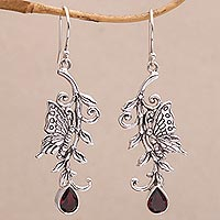 Garnet dangle earrings, 'Beloved Butterfly' - Garnet and Sterling Silver Butterfly Dangle Earrings