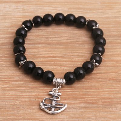 Onyx charm beaded stretch bracelet, Anchor Me