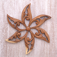 Wood relief panel, 'Razor Petals' - Hand-Carved Floral Suar Wood Relief Panel from Bali