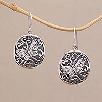Sterling silver dangle earrings, 'Butterfly Miracle' - Sterling Silver Butterfly Oval Dangle Earrings