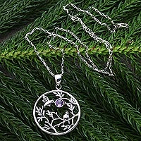 Amethyst pendant necklace, 'Hummingbird Tree' - Amethyst and Sterling Silver Hummingbird Pendant Necklace