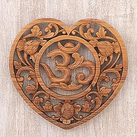 Wood relief panel, 'Om Love' - Hand Carved Balinese Om Motif Wood Wall Relief Panel