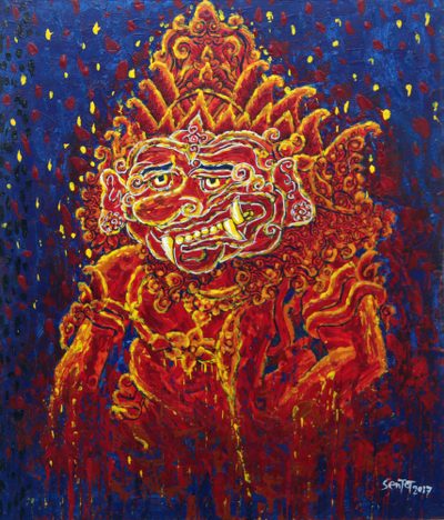'Buto Power' - Signed Expressionist Painting in Orange of a Javanese Spirit