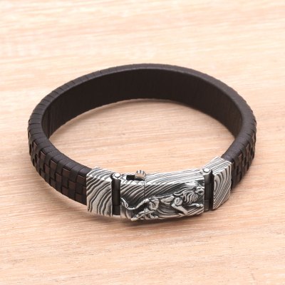 Mens leather and sterling silver wristband bracelet, Powerful Lion
