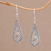 Sterling silver dangle earrings, 'Ornate Teardrop' - Handcrafted Balinese Sterling Silver Dangle Earrings