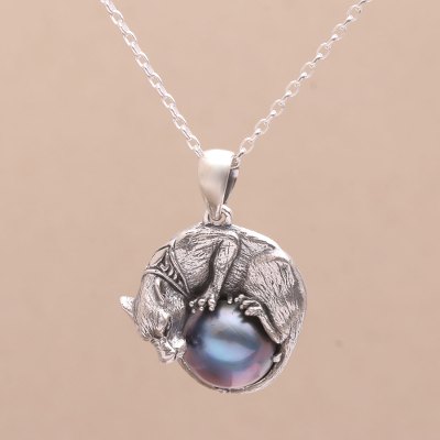 Cultured pearl pendant necklace, Panther Power in Blue