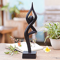 Wood sculpture, 'Abstract Praying' - Black Hand-Carved Suar Wood Praying Abstract Sculpture