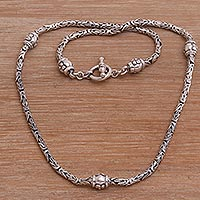 Sterling silver station necklace, 'Floral Borobudur' - Floral Sterling Silver Station Necklace from Bali
