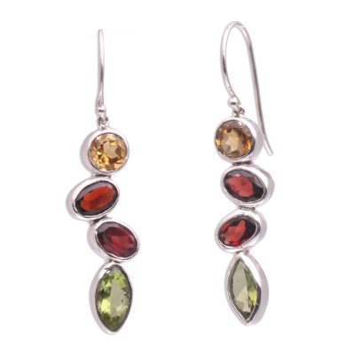 Multi-gemstone dangle earrings, 'Drops of Happiness' - Citrine Garnet Peridot Drops of Happiness Dangle Earrings