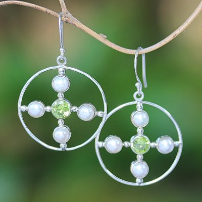 Cultured pearl and peridot dangle earrings, Ocean Orbit