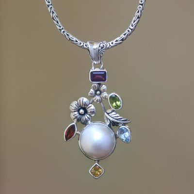 Cultured pearl and multi-gemstone pendant necklace, Goddess Garden