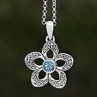 Blue topaz pendant necklace, 'Sekar Langit' - Floral Blue Topaz Pendant Necklace Crafted in Bali