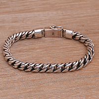 Sterling silver chain bracelet, 'Balinese Halo' - Balinese Handmade Sterling Silver Cuban Link Chain Bracelet