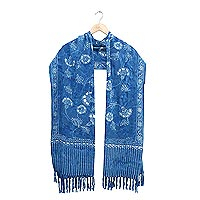 Rayon scarf, 'Daydreaming at Dusk' - Azure Blue Floral Motif Batik Rayon Scarf with Fringe