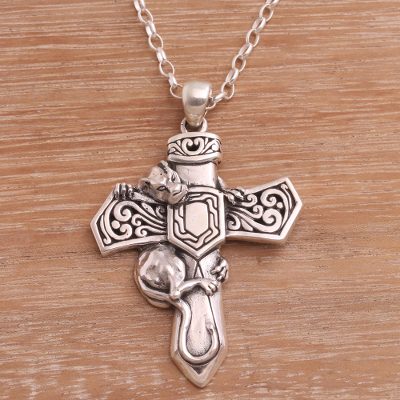 Mens sterling silver pendant necklace, Panther Cross