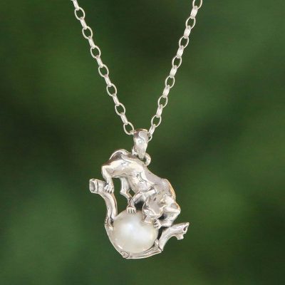 Cultured pearl pendant necklace, White Panther Orb