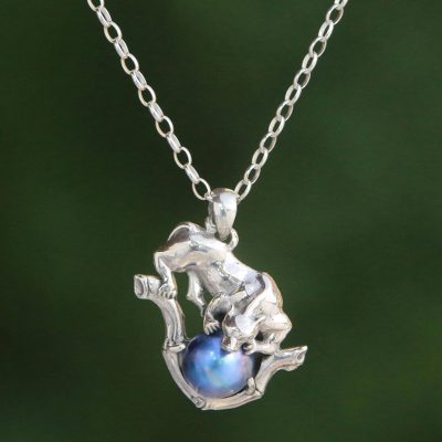 Cultured pearl pendant necklace, Blue Panther Orb
