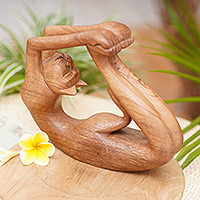 Wood sculpture, 'Dhanurasana Kitty' - Suar Wood Sculpture of a Cat in Dhanurasana Yoga Pose