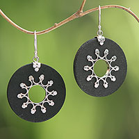 Sterling silver dangle earrings, 'Dark Sun' - Sterling Silver Lava Stone Dark Sun Black Dangle Earrings