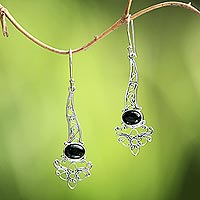 Onyx dangle earrings, 'Midnight Garden Breeze' - Onyx Sterling Silver Floral Motif Scrollwork Dangle Earrings