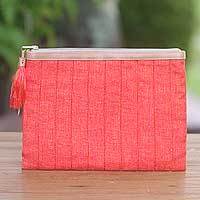 Leather accent cotton clutch,