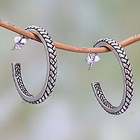 Sterling silver half-hoop earrings, 'Textured Hoops' - Braid Motif Sterling Silver Half-Hoop Earrings from Bali