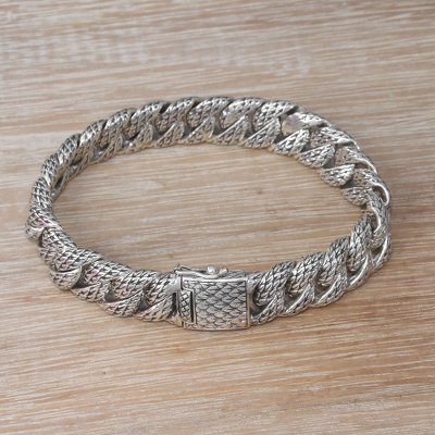 Mens sterling silver link bracelet, Slithering Dragon