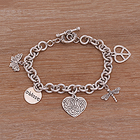 Sterling silver charm bracelet, 'Love and Bliss' - Peace Love and Bliss Sterling Silver Charm Bracelet