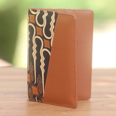 Batik cotton and faux leather passport holder, 'Sharp Traveler' - Light Brown Faux Leather Passport Holder with Cotton Print