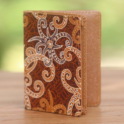 Batik cotton and faux leather passport case, Brown Star