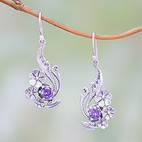 Amethyst dangle earrings, 'Blooms at Twilight' - Amethyst and Sterling Silver Plumeria Flower Dangle Earrings
