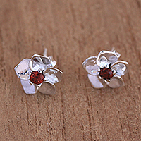 Garnet stud earrings, 'Jepun Soul' - Floral Garnet Stud Earrings Crafted in Bali