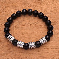 Men's onyx beaded stretch bracelet, 'Midnight Bark' - Men's Onyx Beaded Stretch Bracelet from Bali
