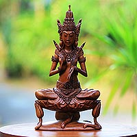 Wood sculpture, 'Indra on Lily' - Wood Sculpture of Hindu God Indra on a Lily from Bali