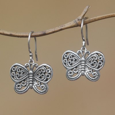 Sterling silver dangle earrings, Curling Wings