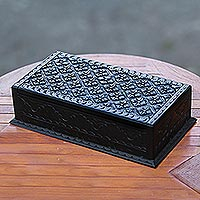 Wood jewelry box, 'Kawung Simplicity' - Hand-Carved Wood Lotus Kawung Jewelry Box Lined in Velvet