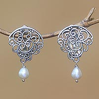 Cultured pearl clip-on earrings, 'Tangled Light' - Cultured Pearl Clip-On Dangle Earrings from Bali