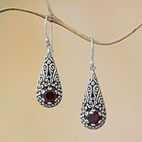 Garnet dangle earrings, 'Hopeful Swirls' - Sterling Silver and Garnet Balinese Plumeria Dangle Earrings