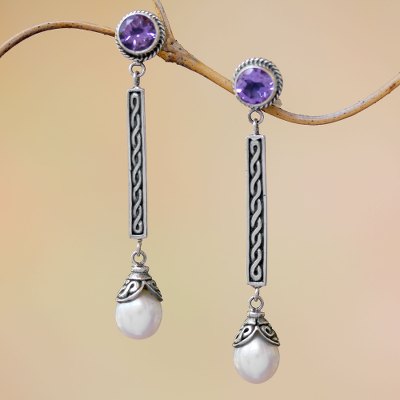 Cultured pearl and amethyst dangle earrings, Mermaid Melody