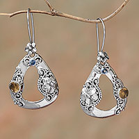 Citrine and blue topaz dangle earrings, 'Evening Jepun' - Floral Citrine and Blue Topaz Dangle Earrings from Bali