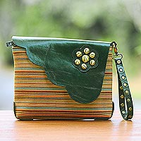 Leather accent cotton wristlet, 'Linear Landscape in Green' - Multi-Color Striped Cotton Wristlet with Green Leather Flap