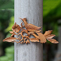 Wood relief panel, 'Balinese Myna Bird' - Hand-Carved Suar Wood Balinese Myna Bird Relief Panel