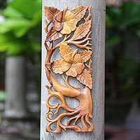 Wood relief panel, 'Hibiscus Branch' - Hand-Carved Rectangular Hibiscus Relief Panel for the Wall