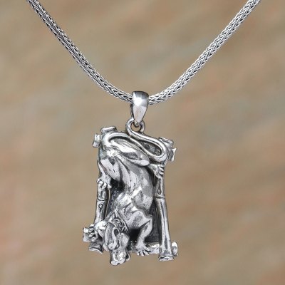 Mens sterling silver pendant necklace, Wild Panther