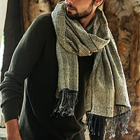 Men's cotton shawl, 'River's Edge' - Men's Olive Green and Ochre Handwoven Cotton Fringed Shawl